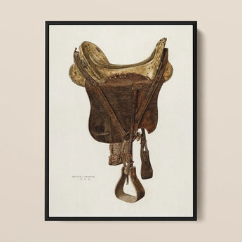 Mclellan Saddle - Walter Praefke Equestrian Art Print / Canvas Detailed Illustration Vintage-style Leather Saddle Brass Hardware Framed