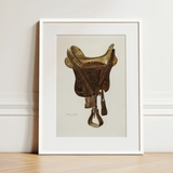 Mclellan Saddle - Walter Praefke Equestrian Art Print / Canvas Framed Illustration Vintage-style Brown Leather Saddle Brass Hardware Walter