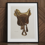 Mclellan Saddle - Walter Praefke Equestrian Art Print, Framed Artwork Vintage Leather Horse Saddle Stirrups