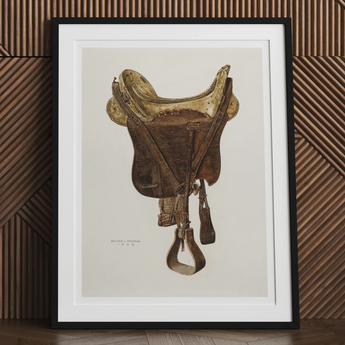 Mclellan Saddle - Walter Praefke Equestrian Art Print, Framed Artwork Vintage Leather Horse Saddle Stirrups