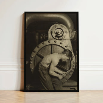 Black-framed Black-and-white Photographic Print Worker Industrial Attire Heavy Steam Pump, Gelatin Silver Photography, House Mechanic Series