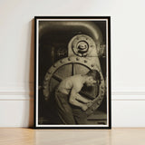 Black-framed Black-and-white Photographic Print Worker Machinery Industrial Steam Pump, Gelatin Silver Photography, House Mechanic Series