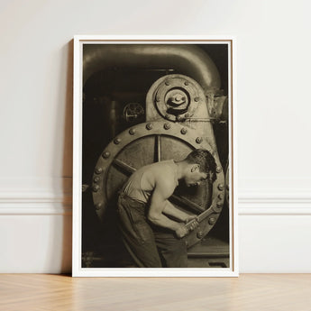 Framed Black-and-white Photograph Man Industrial Machinery Encased Simple Steam Pump, Gelatin Silver Photography, House Mechanic Series