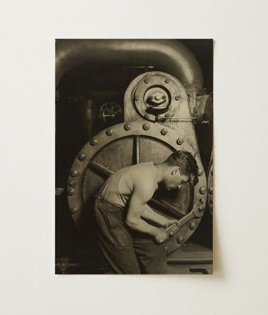 Black-and-white Photograph Man Work Attire Wrench Riveted Industrial Steam Pump, Gelatin Silver Photography, House Mechanic Series