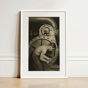 Mechanic and Steam Pump - Lewis w Hine Art Print / Canvas Prints Framed Black-and-white Photograph Man Industrial Machinery Encased Simple