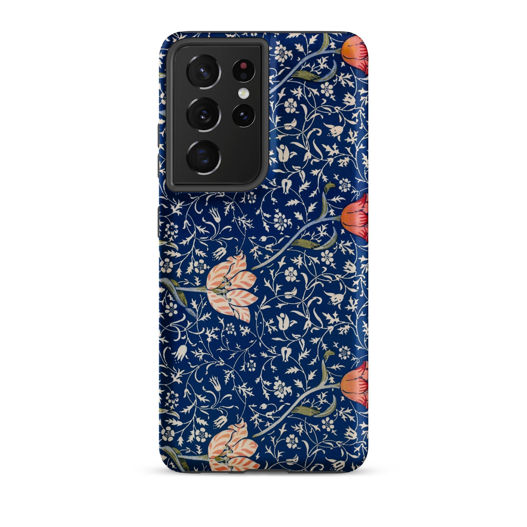 Medway William Morris Victorian Era Samsung Case, Galaxy S21 Ultra / Matte, Smartphone Case Dark Blue Floral Pattern Peach Colored Flowers