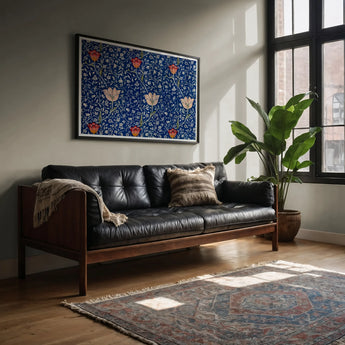 Medway - William Morris Victorian Floral Art Print, Black Leather Tufted Sofa Wooden Frame Arms