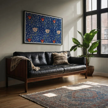Medway - William Morris Victorian Floral Art Print / Canvas Black Leather Tufted Sofa Wooden Frame Arms William Morris’s Floral, Floral