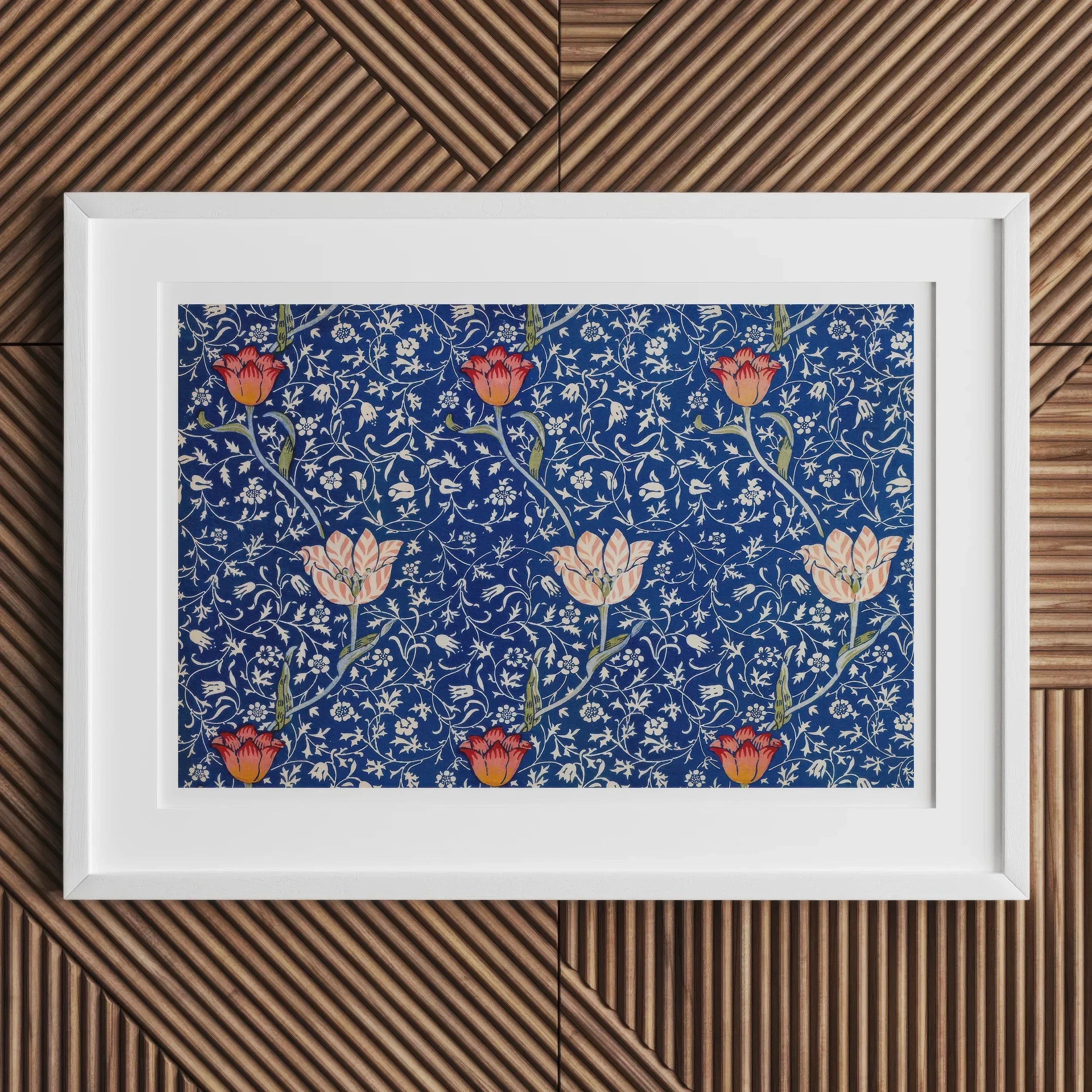 Medway - William Morris Victorian Floral Art Print, Framed Floral Print Tulips Intricate Vine Patterns Blue