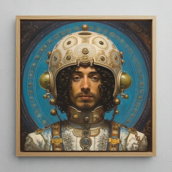 Mehdi - Gay Arabic Astronaut Art Framed Canvas, 12x12’’ / 31x31cm / Natural Floating Frame, Framed Painting Man Curly Hair Ornate Helmet