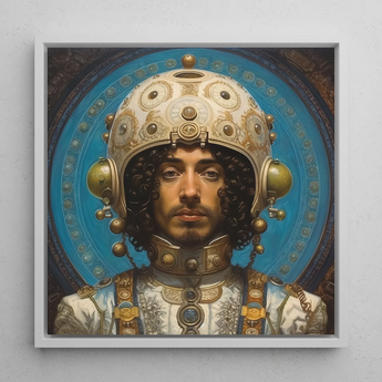 Mehdi - Gay Arabic Astronaut Art Framed Canvas, 12x12’’ / 31x31cm / White Floating Frame, Ornate Helmeted Portrait