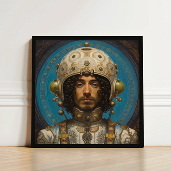 Framed Portrait Man Ornate Gold-embellished Armor Helmet Intricate Gay Muslim Astronaut, Aesthetic, Meet Mehdi