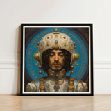 Framed Portrait Man Ornate Gold-embellished Armor Helmet Intricate Gay Muslim Astronaut, Aesthetic, Meet Mehdi