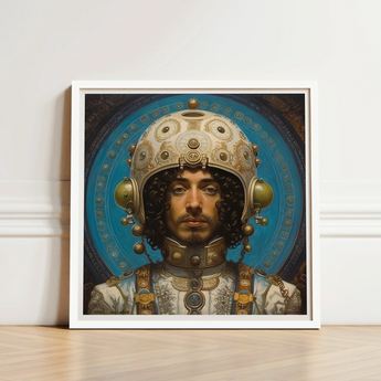 Framed Portrait Man Ornate Gold-accented Armor Helmet Intricate Gay Muslim Astronaut, Aesthetic, Meet Mehdi