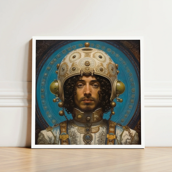 Framed Portrait Man Ornate Gold-embellished Armor Intricate Circular Gay Muslim Astronaut, Aesthetic, Meet Mehdi