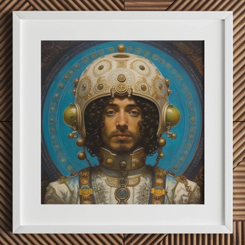 Mehdi - Gay Arabic Astronaut Art Print / Canvas White Framed Portrait Man Ornate Helmet Blue Background Gay Muslim Astronaut, Astronaut