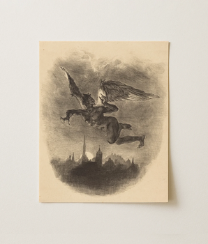 Vintage-style Black-and-white Aged Cream-colored Paper Winged Demon-like Figure Art Print, Eugene Delacroix, Eugène, Devil Loose, Gothic
