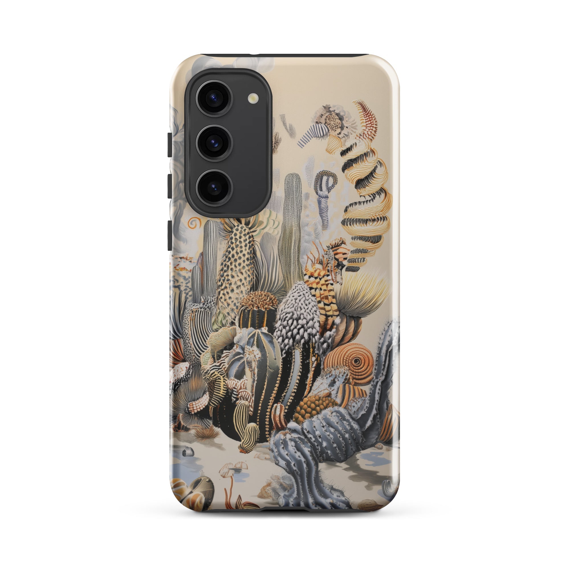 Metropolis Surreal Cactus Art Samsung Case, Galaxy S23 Plus / Gloss, Smartphone Camera Module Left Detailed Nature Inspired Illustration