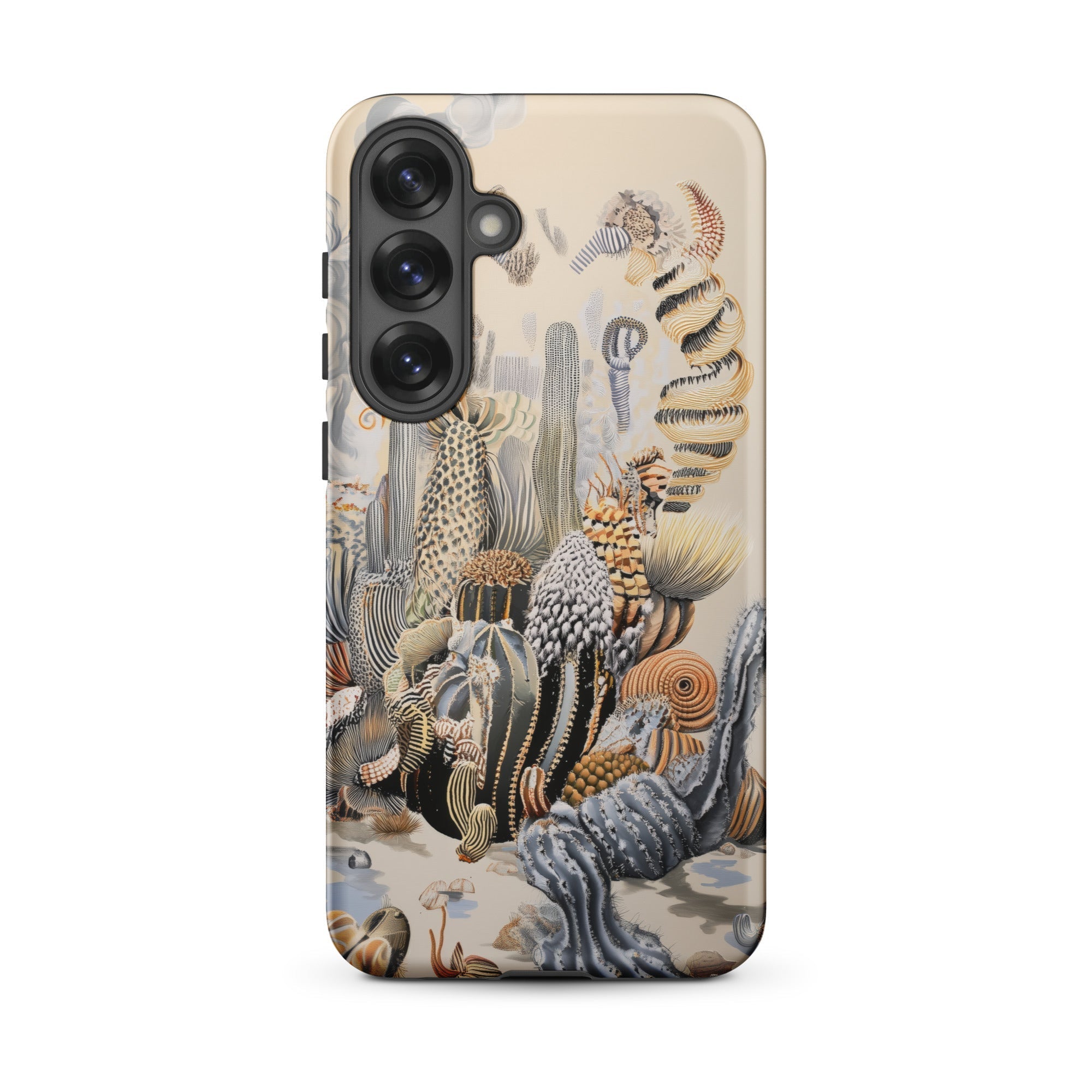 Metropolis Surreal Cactus Art Samsung Case, Galaxy S25 Plus / Matte, Smartphone Case Detailed Vintage Style Illustration Cacti Desert Plants