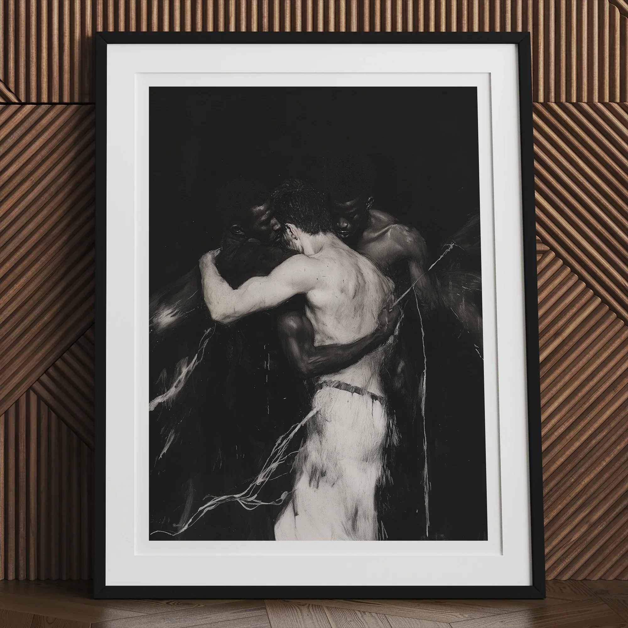 Middleman - Interracial Gay Erotica Art Print, 12x16’’ / 31x41cm / Black Frame, Framed Black White Artwork