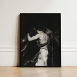 Black-framed Black-and-white Artwork Two Muscular Figures Embrace Interracial Gay Erotica, Three Bodies Chained, Art Print