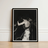 Black-framed Black-and-white Art Print Dramatic Muscular Figure Motion Interracial Gay Erotica, Three Bodies Chained