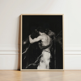 Black-and-white Framed Artwork Two Muscular Figures Embrace Encased Interracial Gay Erotica, Three Bodies Chained, Art Print
