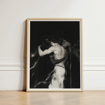 Black-and-white Framed Art Print Muscular Figure Embrace Encased Interracial Gay Erotica, Three Bodies Chained