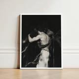Black-and-white Framed Artwork Two Muscular Figures Embrace Set Interracial Gay Erotica, Three Bodies Chained, Art Print