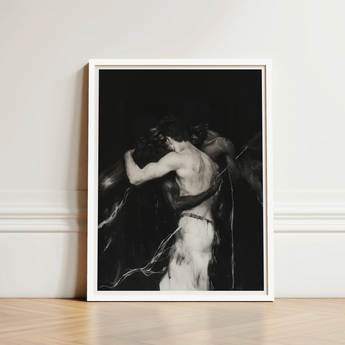 Black-and-white Framed Art Print Two Muscular Figures Embrace Interracial Gay Erotica, Three Bodies Chained