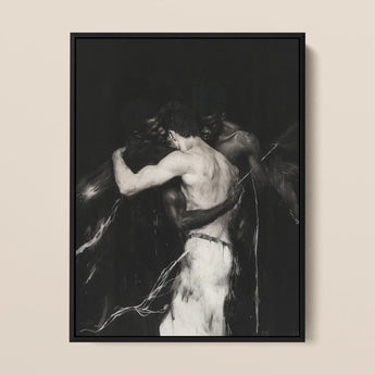 Middleman - Interracial Gay Erotica Art Print / Canvas Black-framed Black-and-white Artwork Two Muscular Figures Embrace, Three Bodies