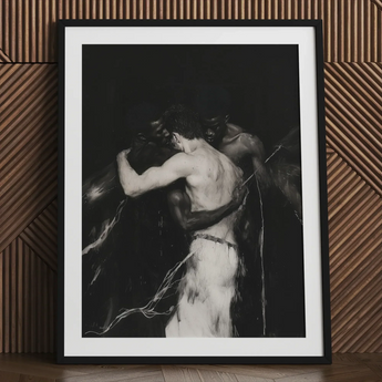 Middleman - Interracial Gay Erotica Art Print / Canvas Black-framed White Mat Dramatic Black-and-white Depiction, Three Bodies Chained,