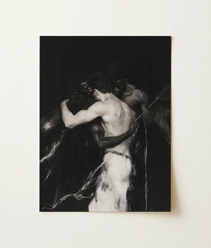 Black-and-white Photographic Print Two Muscular Figures Embrace Mounted Interracial Gay Erotica, Three Bodies Chained, Art