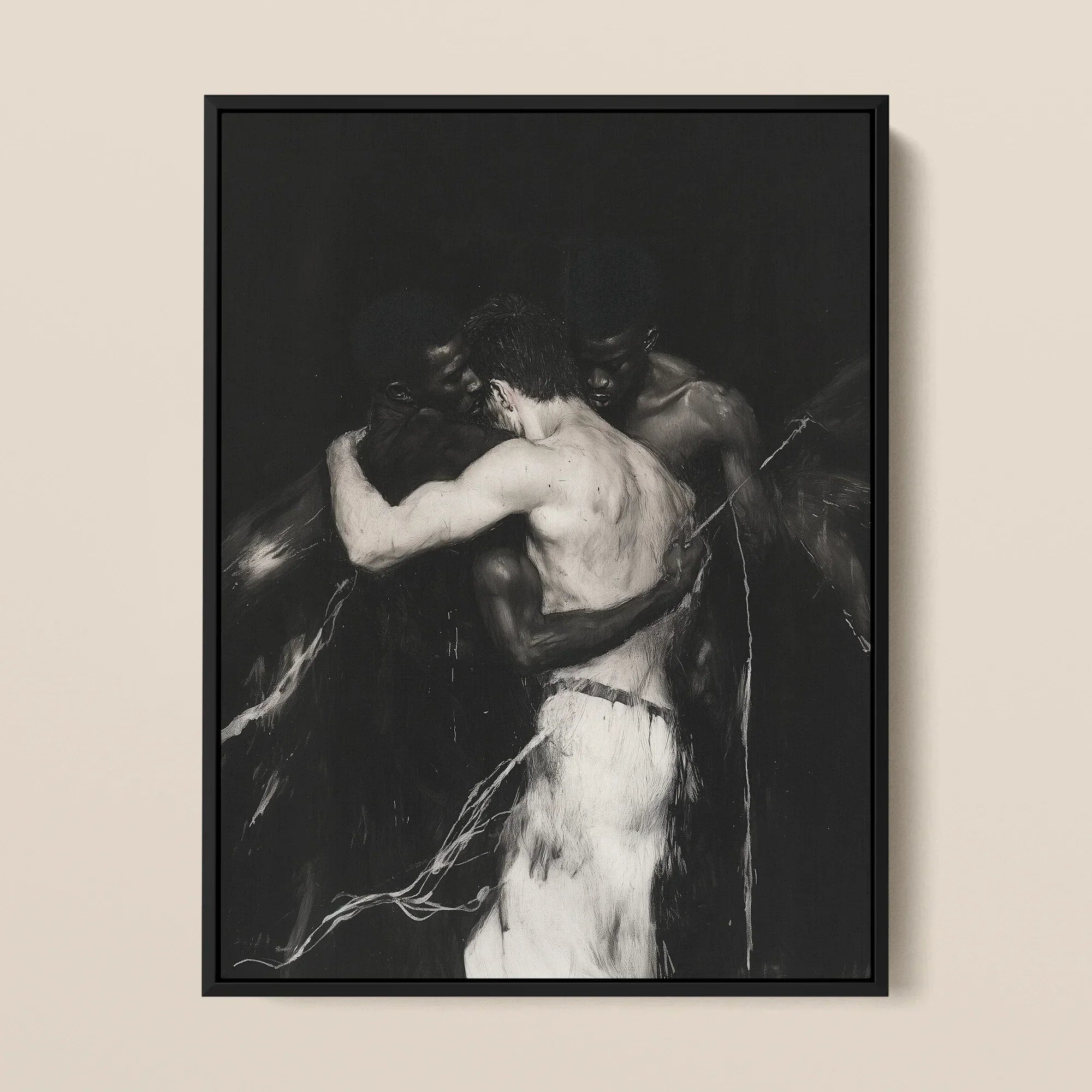 Middleman - Interracial Gay Lovers Framed Canvas, 12x16’’ / 31x41cm / Black Floating Frame, Framed Monochrome Figurative Painting