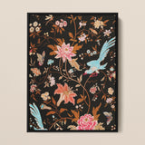 Midnight Call - 19th c Flora & Fauna Fabric Art Print / Canvas, 12x16’’ / 31x41cm / Black Frame, Posters Prints Visual Artwork, Toby Leon
