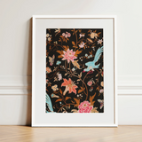 Midnight Call - 19th c Flora & Fauna Fabric Art Print / Canvas, 12x16’’ / 31x41cm / White Frame / Matboard, Posters Prints Visual Artwork,