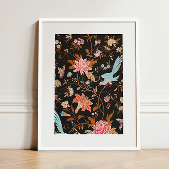 Midnight Call - 19th c Flora & Fauna Fabric Art Print / Canvas, 12x16’’ / 31x41cm / White Frame / Matboard, Posters Prints Visual Artwork,