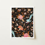 Midnight Call - 19th c Flora & Fauna Fabric Art Print / Canvas Framed Artwork Vibrant Floral Avian Design Black Background Victorian