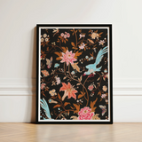 Black-framed Artwork Vibrant Floral Bird Motif Pink Orange Victorian Propriety, Audacious Burlesque, 19th c Flora
