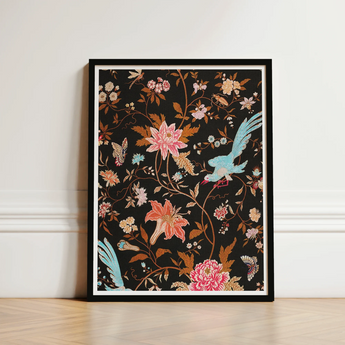 Black-framed Artwork Vibrant Floral Bird Motif Pink Orange Victorian Propriety, Audacious Burlesque, 19th c Flora