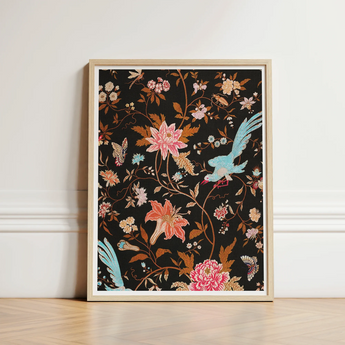 Framed Artwork Vibrant Floral Bird Motif Black Background Victorian Propriety, Audacious Burlesque, 19th c Flora