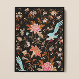 Midnight Call - 19th c Flora & Fauna Fabric Art Print / Canvas Black-framed Decorative Wall Art Intricate Floral Bird Motifs Victorian