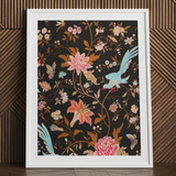 Midnight Call - 19th c Flora & Fauna Fabric Art Print / Canvas Framed Artwork Vibrant Floral Avian Design Dark Background Victorian