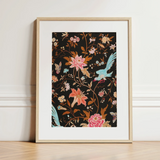 Midnight Call - 19th c Flora & Fauna Fabric Art Print / Canvas Framed Artwork Vibrant Floral Bird Pattern Black Background Victorian