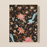 Midnight Call - 19th c Flora & Fauna Fabric Art Print / Canvas Framed Piece Embroidered Artwork Intricate Floral Avian Motifs Victorian