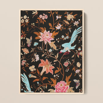 Midnight Call - 19th c Flora & Fauna Fabric Art Print / Canvas Framed Piece Embroidered Artwork Intricate Floral Avian Motifs Victorian
