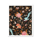 Midnight Call 19th c Flora & Fauna Fabric Art Print, Floral Pattern Turquoise Birds Pink Blooms Dark Background