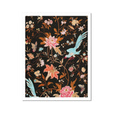 Midnight Call - 19th c Flora & Fauna Fabric Art Print, Floral Pattern Turquoise Birds Pink Blooms Dark Background