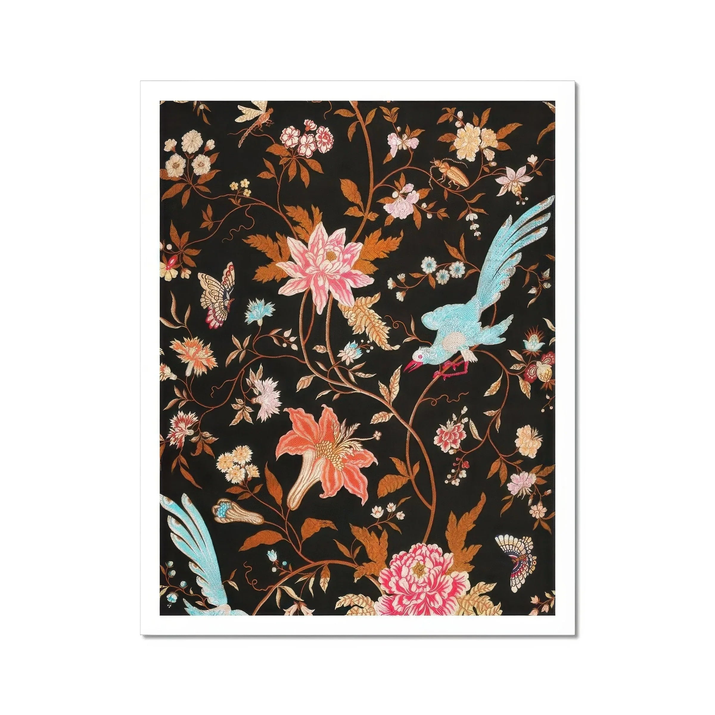 Midnight Call 19th c Flora & Fauna Fabric Art Print, Floral Pattern Turquoise Birds Pink Blooms Dark Background