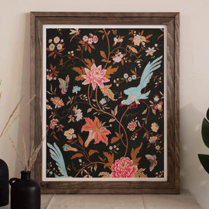 Midnight Call - 19th c Flora & Fauna Fabric Art Print, Framed Floral Artwork Colorful Birds Butterflies Flowers Dark